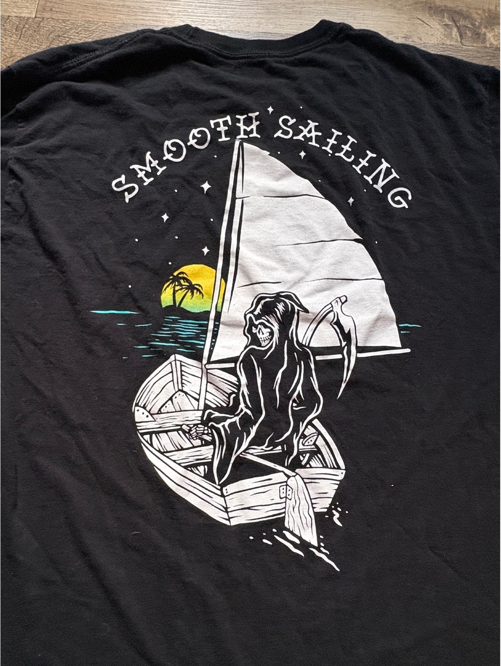 Retrofit Large Black Long Sleeve Smooth Sailing Graphic T Grim Reaper Sailing